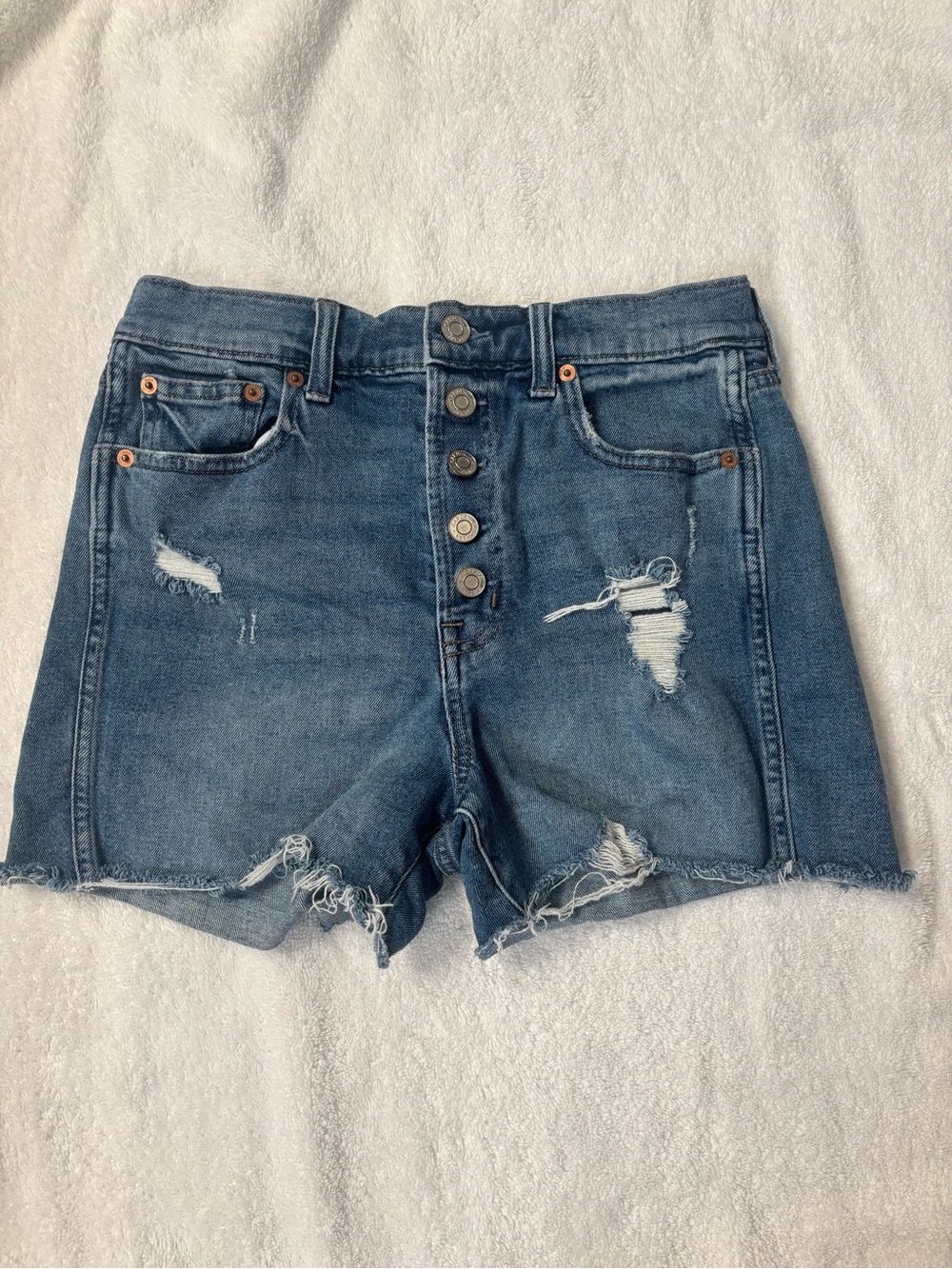 GAP Button-Front Distressed Denim Shorts - Blue